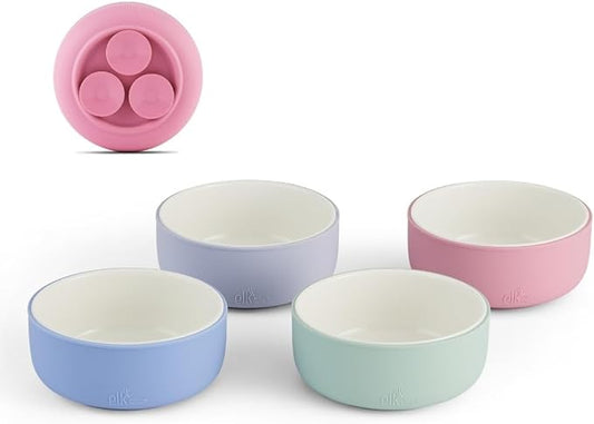 Elk and Friends Kids Porcelain Bowls with Silicone Suction Sleeve | Kids/Toddler/Baby Feeding | Microwave & Dishwasher Safe | Non slip | Cereal/Soup/Snack Dishes & Dinnerware