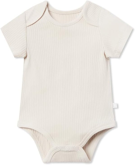 MORI Baby Ribbed Short Sleeve Bodysuit with Envelope Neck and Nickel Free Poppers - Unisex Toddler Romper for Boys and Girls