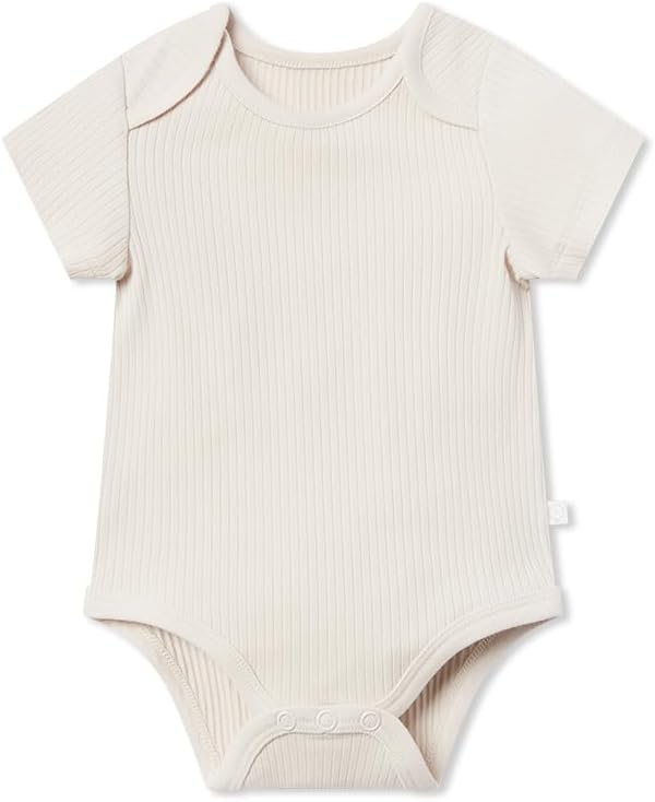 MORI Baby Ribbed Short Sleeve Bodysuit with Envelope Neck and Nickel Free Poppers - Unisex Toddler Romper for Boys and Girls