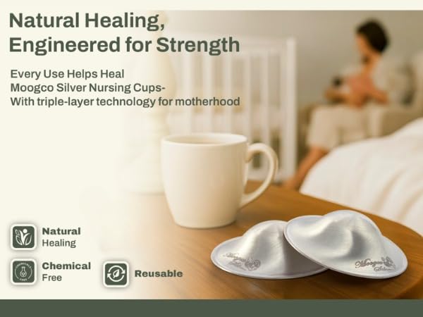 MoogCo The Original Silver Nursing Cups - Nipple Shields for Breastfeeding Newborn - 999k Nipple Cups - Nipple Shield for Nursing Newborn - Silver Nipple Covers for Breastfeeding (Tri-Laminate Silver)