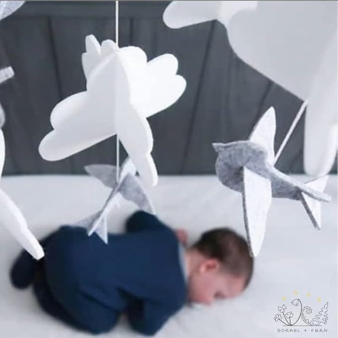 Baby Crib Mobile (Birds and Clouds) - Nursery Decor Ceiling Mobile for Boys & Girls - Crib Accessories - Grey & White