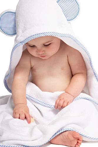 Fishers Finery Bamboo Viscose Baby Hooded Bath Towel & Washcloth Set - Unique Mitten Design (Blue)