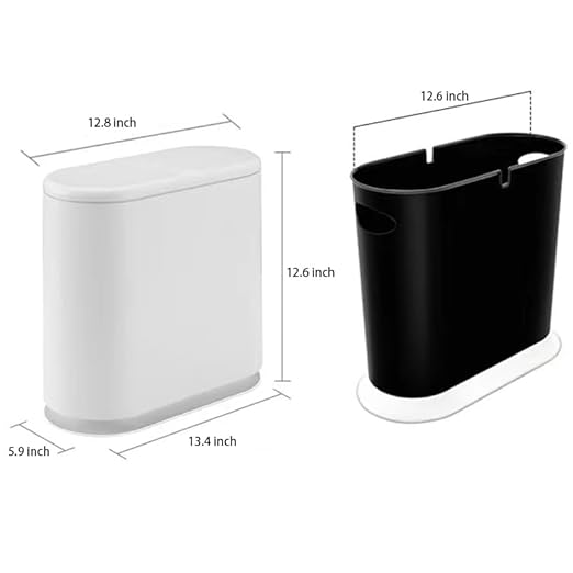 White Slim Rectangular Plastic Trash Can with Press Type Lid,12 Liter / 3.2 Gallon Narrow Trash Bin with Pop-up Lid for Toilet,Bedroom,Bathroom,Office,Kitchen,Powder Room