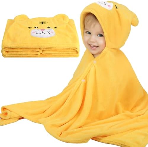 Toddler Bath Towel, Baby Hooded Towel, Ultra Absorbent Soft Shower Towel, Unisex Baby Bath Towel, Baby Towels with Hood for Kids Boys Girls, 27.5" x 55" (Yellow-Tiger)