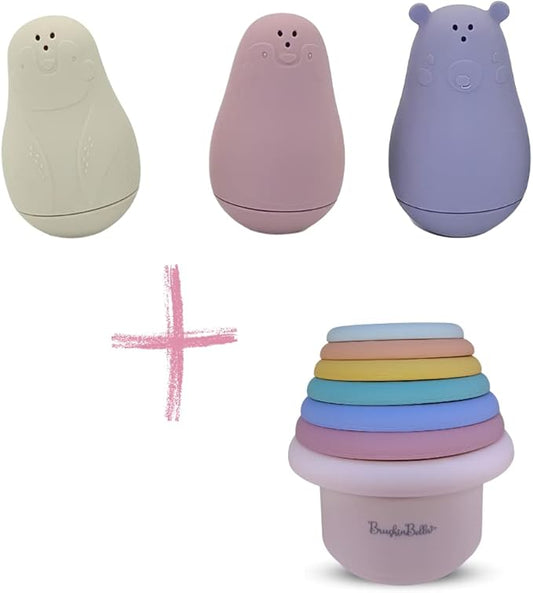 Silicone Bath Toys 4-Pack - Cleanable Silicone Toys with Montessori Stackable Cups - Baby Bath Toys - Dishwasher-Safe Bath Toys - Toddler Tub Toys - Baby Bath Essentials
