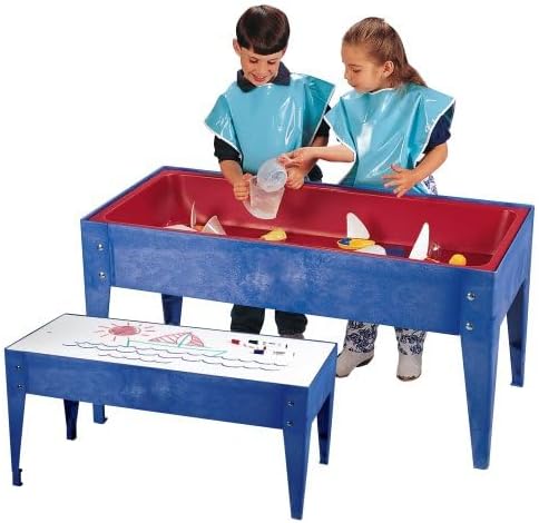 Constructive Playthings Indoor/Outdoor Sand and Water Activity Table for Kids Ages 1-3, Classroom Play Table with Dry-Erase Top and 2 Side Trays, Blue/Red, 18" H