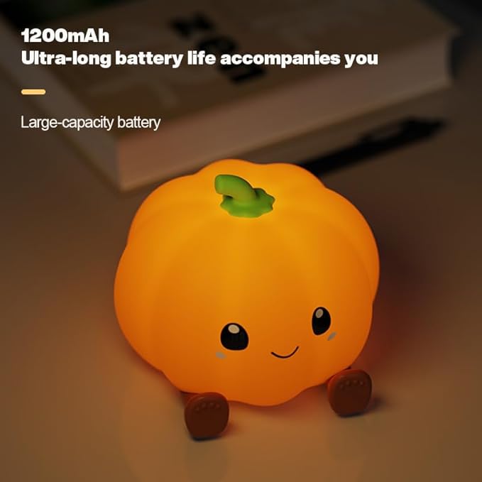Pumpkin Night Light for Kids Adult, 3 Adjustable Brightness, USB-C Rechargeable, Baby-Safe Bedside Light, Toddler Sleep Training & Kids Room Decor