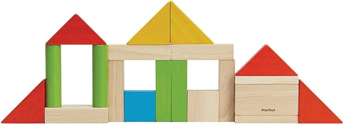 PlanToys Wooden Building Blocks - 40 Unit Blocks Natural and with Color (5513) | Sustainably Made from Rubberwood and Non-Toxic Paints and Dyes