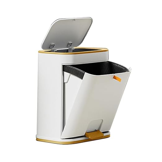 Bathroom Trash Can with Lid, Plastic 3 Gallon Garbage can with Press top Lid Gold Step Pedal Trash can, Narrow White Trash bin for Bathroom, Bedroom, Restroom, Living Room, Office, Dog Proof Trash Can