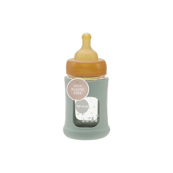 HEVEA Plastic-Free Wide Neck Glass Baby Bottle with Seafoam Blue Sleeve - Slow Flow Anti Colic Baby Bottles Newborn 0+ Months - BPA-Free, Single-Pack (5 Oz)