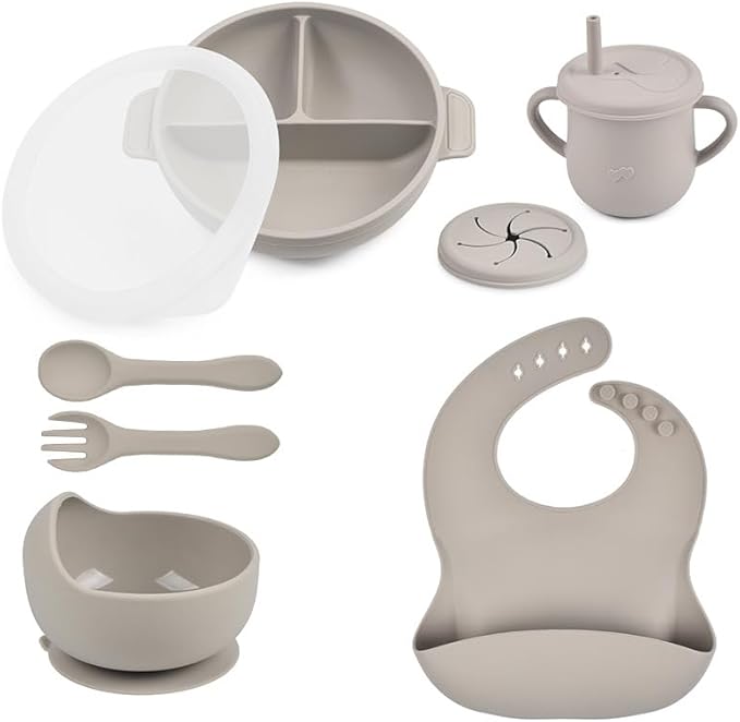 Silicone Baby Feeding Set - Perfect silicone plates for baby & Toddler Plates with lids, Baby Bowls with Suction, Baby Utensils - Baby Led Weaning Supplies & Eating Essentials - (Gray)