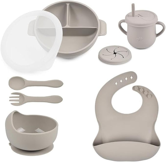Silicone Baby Feeding Set - Perfect silicone plates for baby & Toddler Plates with lids, Baby Bowls with Suction, Baby Utensils - Baby Led Weaning Supplies & Eating Essentials - (Gray)