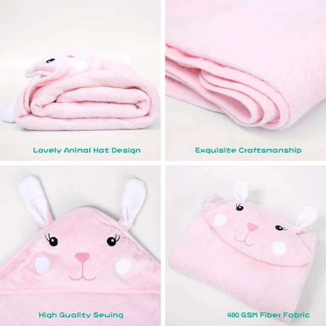 Touchat Hooded Baby Towels, Soft and Hypoallergenic Baby Bath Towels with Hood for Toddler Infant Newborn, Large and Absorbent Toddler Towels for Baby Boy Girl (Rabbit, 35.1''x35.1'')