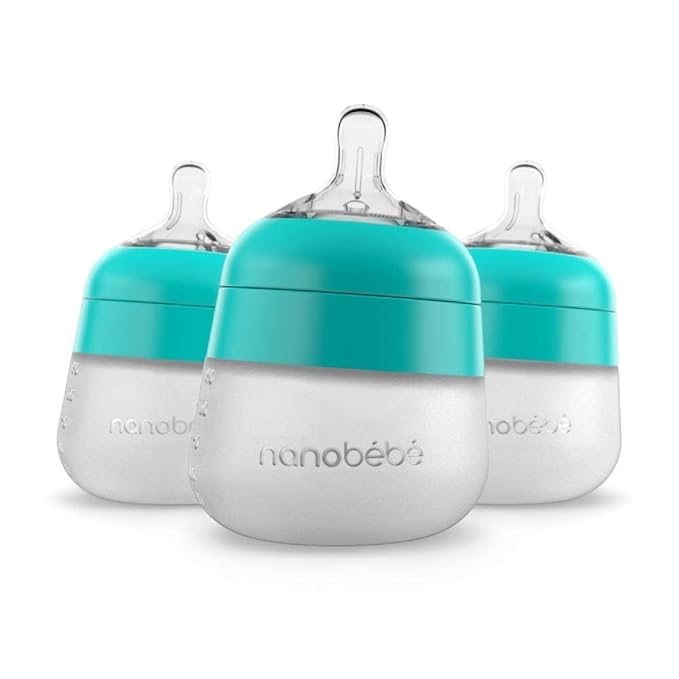 Nanobebe Flexy Silicone Baby Bottle, Anti-Colic, Natural Feel, Non-Collapsing Nipple, Non-Tip Stable Base, Easy to Clean 3-Pack, Teal, 5 oz