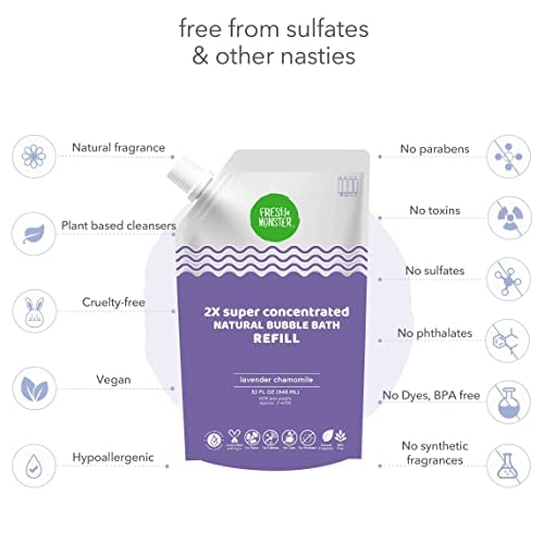 Fresh Monster Kids Bubble Bath, 2X Super Concentrated Bubble Bath for Kids, Hypoallergenic, Calming Lavender (30oz Refill Pouch)