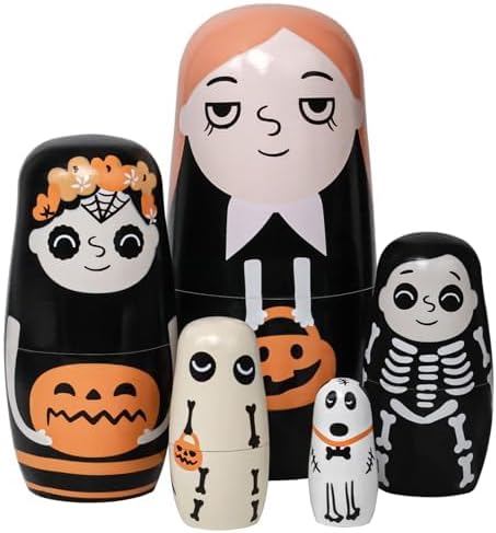 Halloween Nesting Dolls, 5Pcs 6"" Tall Russian Nesting Dolls, Handmade Matryoshka for Kids, Wooden Stacking Toys for Halloween Home Party Decorations (Pumpkin Girls)