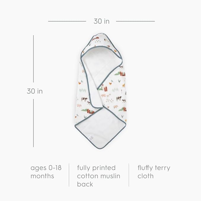 Little Unicorn Premium Infant Hooded Bath Towel| Soft & Absorbent Cotton & Terry Fabric for Newborns (Farmyard)