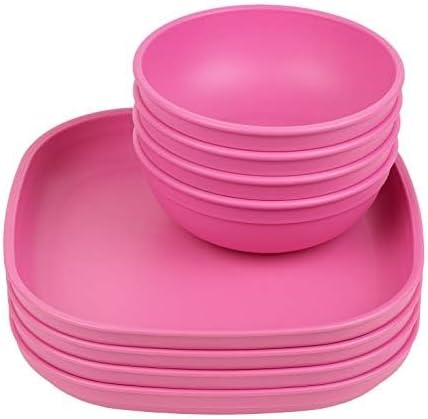 Re-Play Toddler Plates - 9 In and Bowls - 20 Oz. - Kids Plates and Bowls, Microwave and Dishwasher Safe - Set of 4x4 - Bright Pink