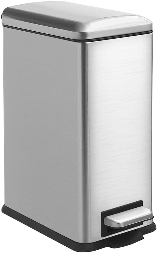 Bathroom Trash Can, 2.6 Gallon Trash Can with lid, Stainless Steel Garbage Can with Removable Liner Bucket, Pedal Rectangle Trash Bin for Bathroom, Office, Kitchen, Bedroom, 10 Liter