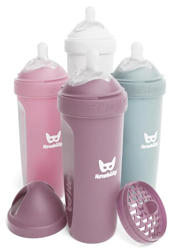 Herobility Double Anti-Colic Baby Bottles – 12 fl oz/340ml – 4-Pack – Multicolor – White, Gray, Pink, Hawthorn Rose