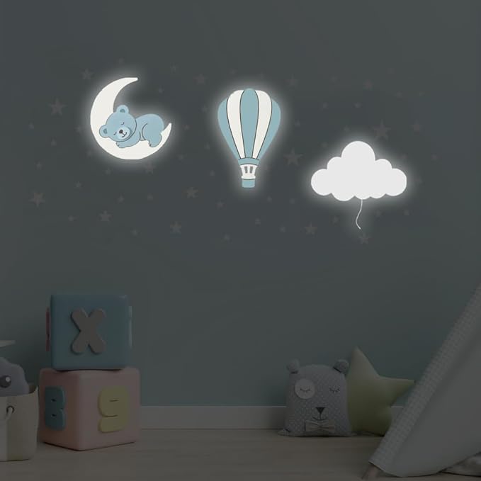 BugyBagy Nursery Wall Lamp Set – 3 Hand Painted Night Lights for Baby Room (Hot Air Balloon, Cloud, Elephant on Moon) + Bonus Wall Stickers – Soft Linen Colors Pink or Blue (Blue Theme 2)