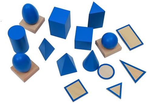 Montessori Toys for 3+ Year Old Blue Geometric Solids Blocks Set 3D Wooden Geometric Shapes Math Games Sensory Toys Blocks for Toddlers Preschool Learning Materials
