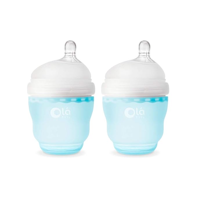Olababy Gentle Silicone Baby Bottle, Anti-Colic, BPA Free, Easy to Clean and Wide Neck Baby Bottles Best for Breast Feeding Babies 2 Piece Set (4 oz, Sky)