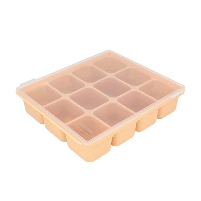 Baby Food Storage Silicone Cubes with Clip-On Lid Freezer Tray Baby Food Soups Purees Ice Easy and Safe Design Made in Korea(12 Sand Beige)