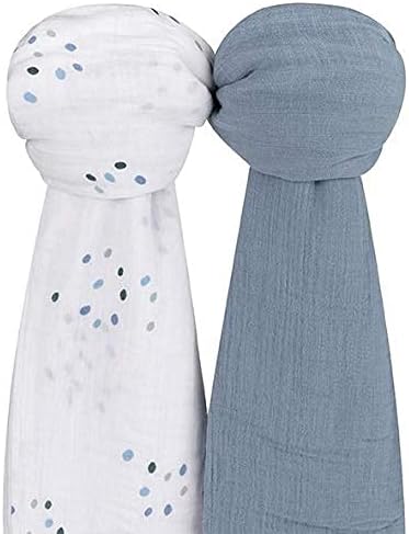 Ely's & Co. Cotton Muslin Swaddle Blanket 2-Pack for Baby Boy — 100% Cotton Muslin Extra-Large Swaddle Blankets (47” x 47”) Blue Raindrops | Solid Blue
