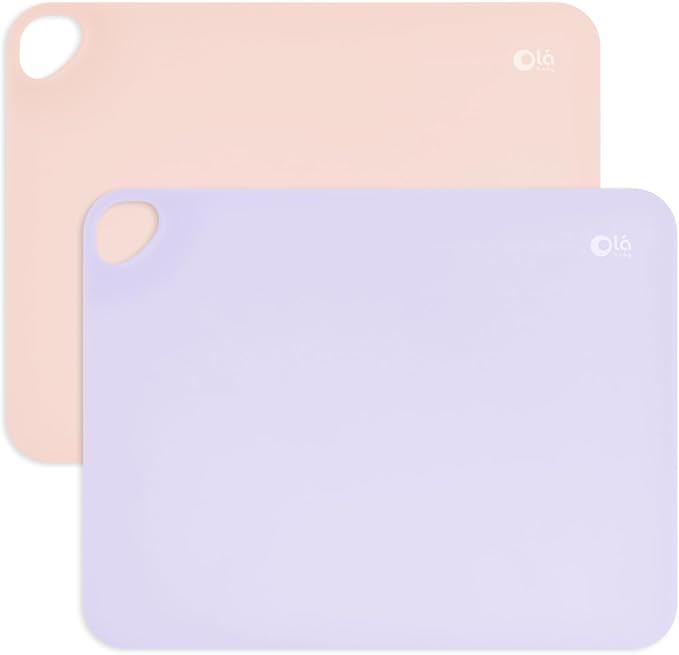 Olababy Fold N Go Silicone Placemat w Travel Case | Dishwasher Safe, BPA Free, Non-Slip, Waterproof | Mini Dining Mat for Infants, Babies, Toddlers and Kids (2, Coral/Lilac)
