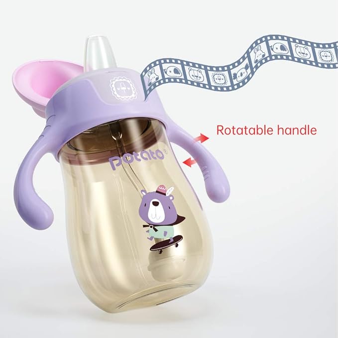 POTATO Sippy Cups For Toddlers with Straw Spill Proof, PPSU Learner Cup with Handle for Girl, Water Bottle for Baby 6 Months with 2 Type of Spout, 6 Ounce Pink