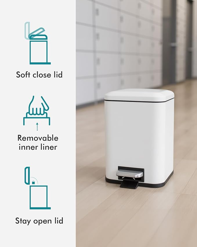 Bathroom Trash Can with Lid, 6 Liter / 1.6 Gallon Small Trash Can with Removable Liner Bucket, Soft Close lid & Step Pedal, White Stainless Steel Garbage Can for Bedroom, Office