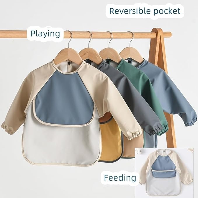 GZMM Waterproof Baby Bibs,Infant Toddler Long Sleeve Feeding Bib With Food Catcher,Wipe Clean & Washable