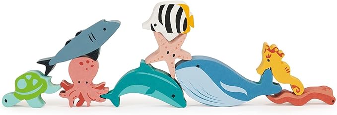 Mentari Toys - Happy Stacking Ocean - 9pc Wooden Stacking Toy for Toddlers - Colorful Sea Themed Balancing Activity Toy with Bag - Boost Fine Motor Skills and Dexterity - Educational Toy - Age 18m+