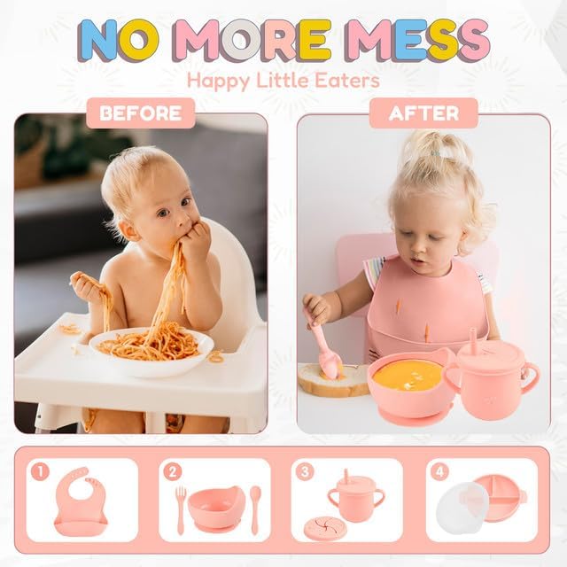 Silicone Baby Feeding Set - Perfect silicone plates for baby & Toddler Plates with lid, Baby Bowls with Suction, Baby Utensils - Baby Led Weaning Supplies & Eating Essentials - (Peach)