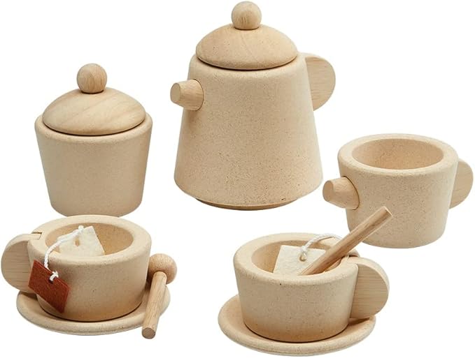 PlanToys Play Kitchen Tea Set Pretend Play Toys - Non-Toxic Wooden Tea Set for Kids and Toddlers