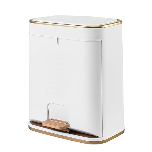 Bathroom Trash Can with Lid, 3 Gallon Gold Garbage Can, Small Trash Bin with Press top Lid and Pedal, Narrow White TrashCan Waste Basket for Bedroom, Living Room,Office,Plastic Dog Proof Trash Can