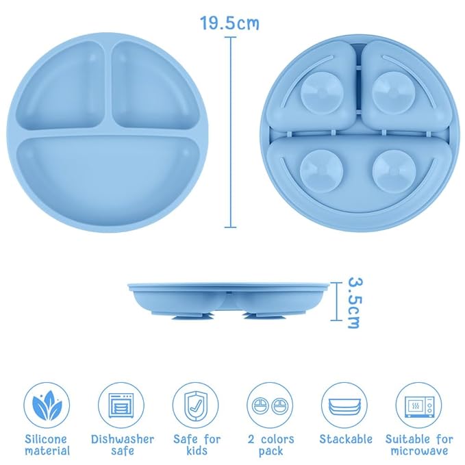 Vicloon Suction Plates, 2 Pcs Baby Toddler Plate, 100% Food Grade Silicone BPA Free Baby Plates, Divided Plate Design, Silicone Grip Dish Microwave & Dishwasher Safe