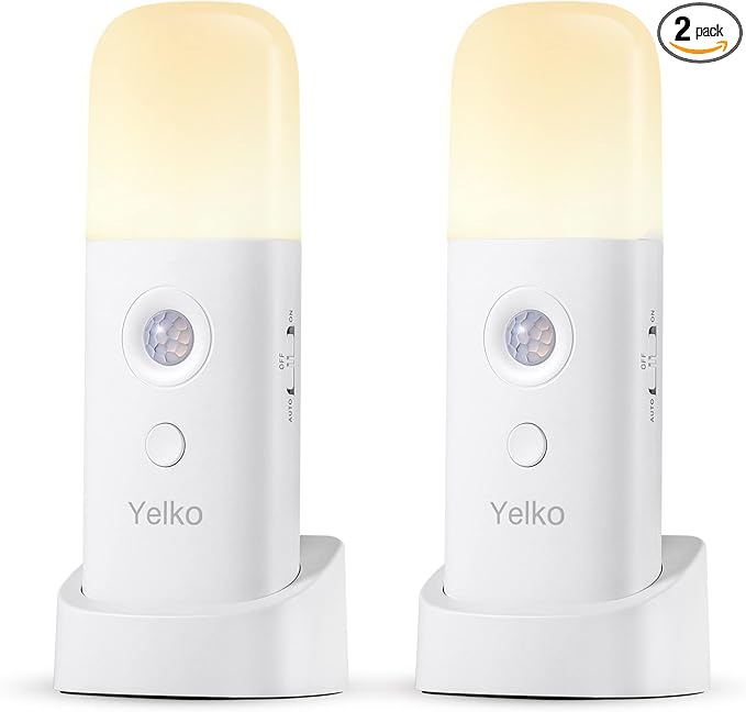 YELKO Motion Sensor Night Light, 2000mAh Rechargeable Night Lights Battery Powered, PortableＤimmable Nightlights with 5 Brightness Levels for Kids,Adults (Warm White 2Pack)