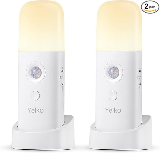 YELKO Motion Sensor Night Light, 2000mAh Rechargeable Night Lights Battery Powered, PortableＤimmable Nightlights with 5 Brightness Levels for Kids,Adults (Warm White 2Pack)