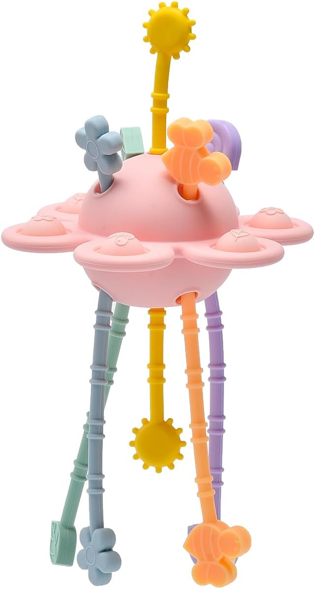 Montessori Sensory Toys for Babies,Silicone Teething Toys Pull String Baby Toy 6-12-18 Months (Pink)