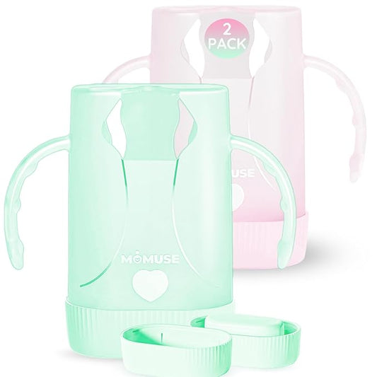 MOMUSE Dual-Lid Squeeze Pouch Holder for Food Pouches & Drink Boxes, Baby Pouch Holder with Larger Capacity, Versatile Design for Self-Feeding, Anti-Squeeze Pouch Holder No Spill No Mess, Pink & Green