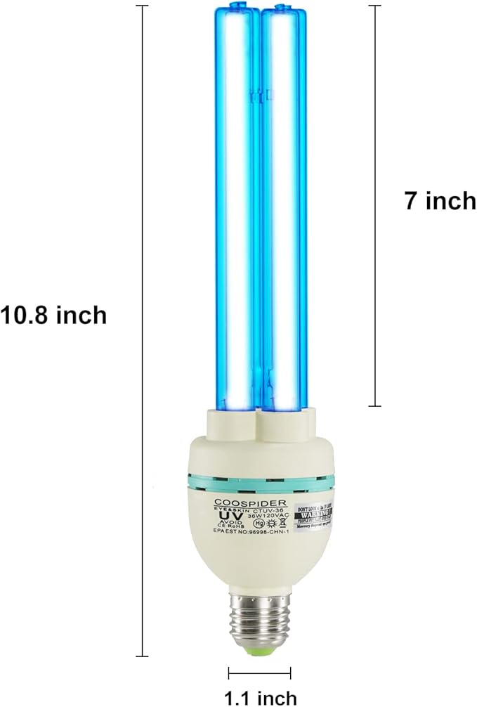 36 Watts UVC Light Bulb, UV Lamp for Basement/Storehouse/Car, E26 110V CTUV-36 (Ozone Free)
