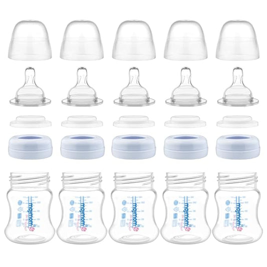 Maymom Wide-Mouth Milk Storage Feeding Collection Bottle with Nipple, Dome Cap, Bottle Top, SureSeal Sealing Disk; Compatible with Spectra Pump/Motif Luna; 5 pc (4.7Oz/140mL)