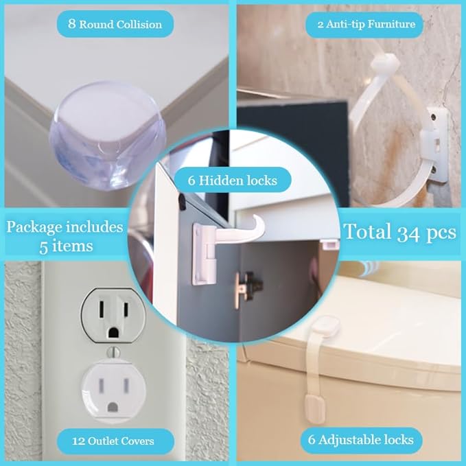40 Pack Baby Proofing Kit | Hidden Cabinet Drawer Locks, Adjustable Latches, Outlet Covers, Corner Guards & Anti Tip Furniture Anchors Kit. Protecting Baby from Safety Hazards in Your Home.