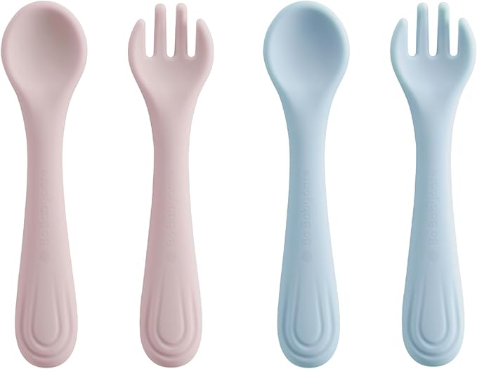 Bc Babycare Portable 4 Pack Baby & Toddler Self Feeding Fork and Spoon Set with Storage Case, BPA-Free Silicone Utensils for Boys and Girls, Safe & Easy to Carry, Blue & Pink
