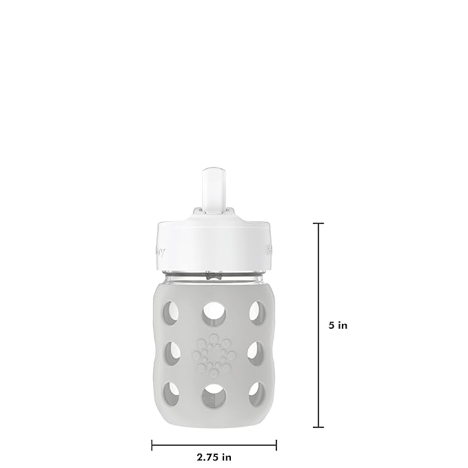 Lifefactory 8-Ounce Wide Neck Glass Baby Bottle with Protective Silicone Sleeve and Pivot Straw Cap, Stone Gray (LG2241WCG4)
