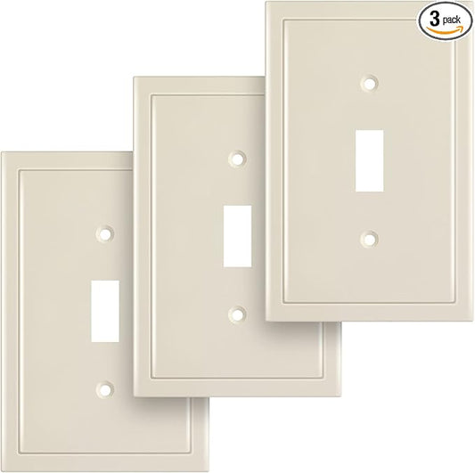 Henne Bery Modern Edge Decorative Wall Plate Switch Plate Outlet Cover, Durable Solid Zinc Alloy (Single Toggle 3PK, Light Almond)