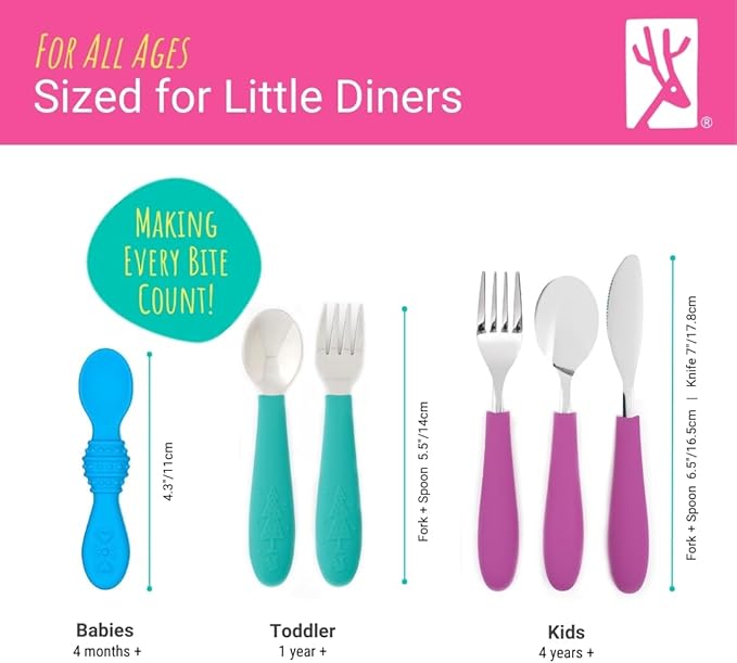 Elk and Friends Kids Silverware with Silicone Handle | Childrens Safe Flatware | Toddler Utensils | Baby Spoons + Forks | Stainless Steel Cutlery