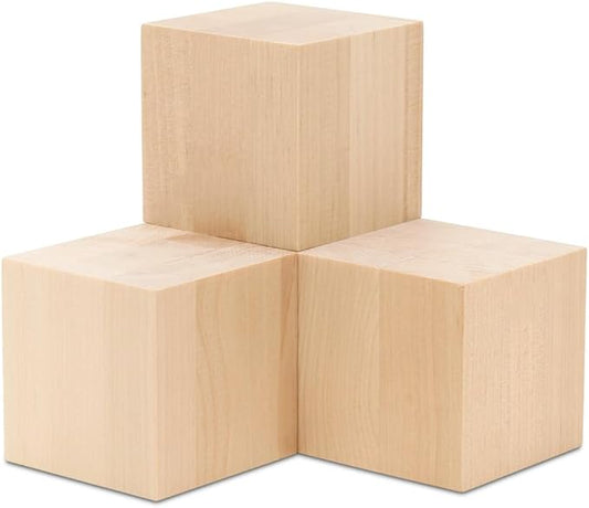DIY Wood Cubes 4-inch, Pack of 3 Large Blank Wooden Blocks for Crafts, STEM, Building, Monitor Riser, Photo Cube Craft, and Home Decor, by Woodpeckers